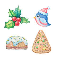 Watercolor set for Christmas. Illustration of christmas gingerbread cookies: christmas trees, gingerbread, bullfinch and holly in cartoon style on a white background for paper, textile