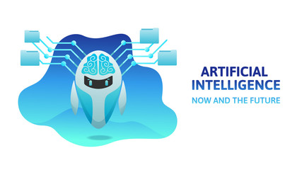 Cute robot with artificial mind in a cartoon style on isolated white background. Now and the future poster for articles, websites, webpages. Vector flat illustration
