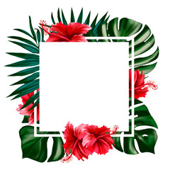 Green tropical leaves, hibiscus flowers are framed. Greeting card and invitation design template. Beach holidays, tours, promotions and flyers