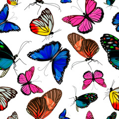 Seamless pattern with multicolored bright tropical butterflies. Trend illustration, stylish design. Textile products, kitchen textiles, summer dresses, T-shirts. Design of banners, flyers, promotions