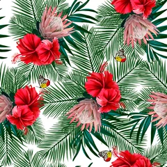 Tuinposter Naadloze patroon met tropische bladeren, hibiscus en protea bloemen en vlinders. Trendillustratie. Wenskaart en uitnodiging ontwerpsjabloon. Strandvakanties, tours, promoties en flyers © Vera