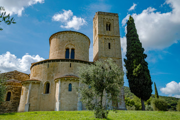 Fototapeta na wymiar Medieval church of the Abbey of Sant Antimo in the region of Tuscany, Italy