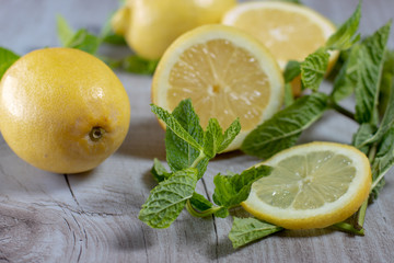 Lemons with Mint on Wood Plate V