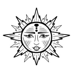 Illustration with beautiful hand drawn sun symbol. Invitation element. Tattoo design. Drawing for coloring book. Heraldry and logo concept art.