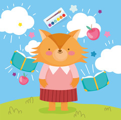 back to school cute fox with books apple education