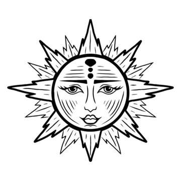 Illustration with beautiful hand drawn sun symbol. Invitation element. Tattoo design. Drawing for coloring book. Heraldry and logo concept art.