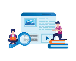 young men using laptop and social media icons