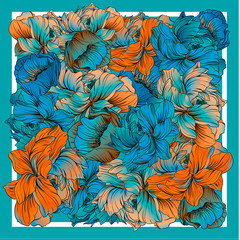 Delicate colors of silk scarf with flowering peony. Pink, blue, violet and white. Batik technique