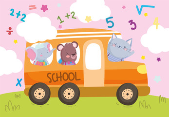 back to school cute animals in the bus transport education