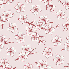 Seamless pattern with blossoming branches of cherry. Red silhouette of a cherry branch with white flowers on a pink background. Spring floral background. Vector illustration