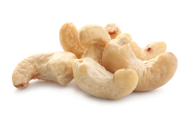 Tasty cashew nuts on white background