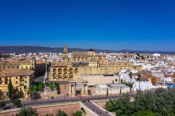 Naklejka na ściany i meble Aerial view of the old city of Cordoba and Romano Bridge. Spain