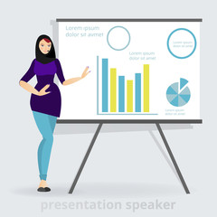 Cartoon beautiful smiling Arab woman with hijab presentation speaker near board with graphs