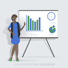 Cartoon beautiful smiling African woman presentation speaker near board with graphs, business lady