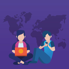 young couple using smartphone and laptop characters