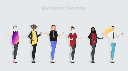 Beautiful set of business working women cartoon characters vector illustration. Leadership trait, professional presenting  character feminism, office job.