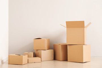 Heap of moving boxes indoors