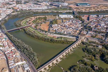 Fototapeta premium Aerial view of the old city of Cordoba and Romano Bridge. Spain