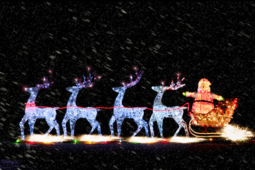 Fototapeta na wymiar Santa in sleigh, pulled by reindeers, Christmas eve, Christmas spirit, stormy night, Merry Christmas, Holiday, Magical night, bright lights, Christmas card, Holiday backdrop