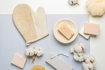 Set of bath accessories on light background