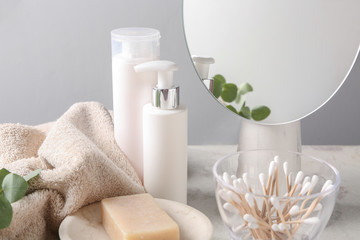 Set of bath accessories on table