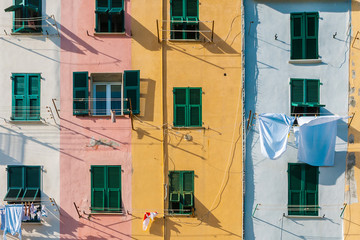 Detail of the colorful pastel houses in Portovenere, Italy in the Cinque Terre national park