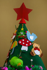 fir, decorated, artificial, felt christmas tree, garland, christmas toys, red star, bear, gingerbread, christmas tree, umbrella, mushroom amanita, apple, pear, dove, boot, mittens, turtle, december, c