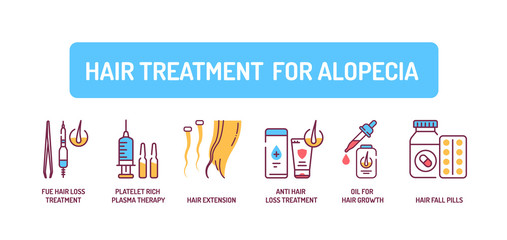 Hair treatment for alopecia color line icons set. Tools and actions that can help cure baldness. Alopecia. Pictogram for web page, mobile app, promo. UI UX GUI design element. Editable stroke. - obrazy, fototapety, plakaty