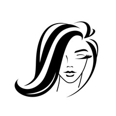 Beauty salon logo. Girl face icon. Stylish woman hairstyle. Cosmetology.