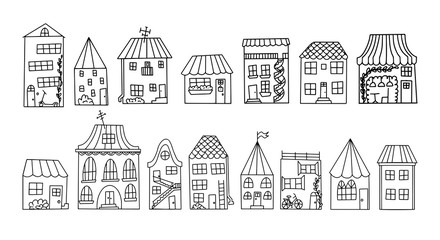 Black and white doodle style houses. Set of cute houses drawn by hand.Contour drawing of the houses of a small town.