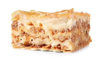 Prepared lasagna on white background