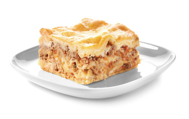 Plate with prepared lasagna on white background