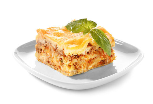 Plate With Prepared Lasagna On White Background