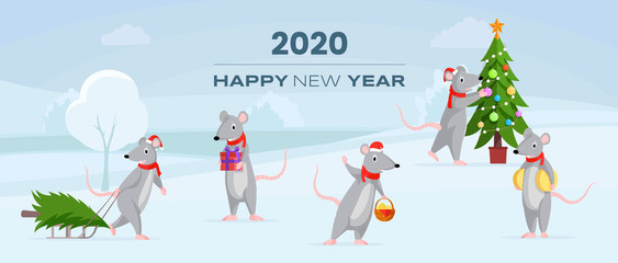 2020 happy New Year horizontal banner. Cute rats preparing for holiday, decorating fir tree vector cartoon characters and blue inscription. Winter festive greeting card, poster flat color template
