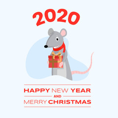 Cute rat greeting card cartoon template. 2020 happy New Year and Merry Christmas wish red inscription and adorable mouse holding gift box. Social media banner, winter holiday postcard