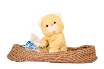 Teddy bear in knitted basket