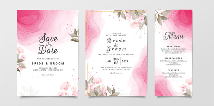 Wedding invitation card template set with floral frame and pink liquid background. Botanic decoration for background, save the date, invitation, greeting card, poster vector