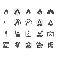 Fire related icon and symbol set in glyph design