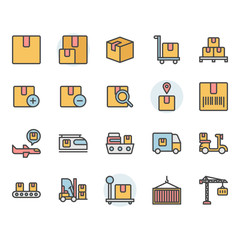 Package delivery and logistic related icon and symbol set in color outline design.