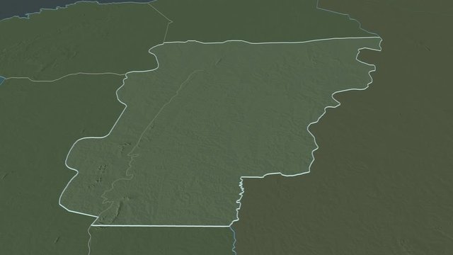 Borgou, department with its capital, zoomed and extruded on the administrative map of Benin in the conformal Stereographic projection. Animation 3D