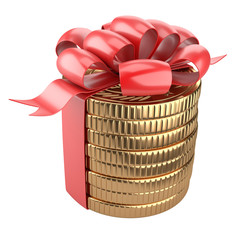 A stack of gold coins tied with a red ribbon with a bow- top view. Gift for the customer - concept of financial gain.