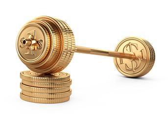 Barbell on a piles coins. Big business concept. Earnings in sports competitions.