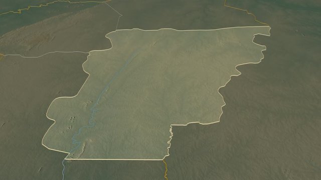 Borgou, department with its capital, zoomed and extruded on the relief map of Benin in the conformal Stereographic projection. Animation 3D