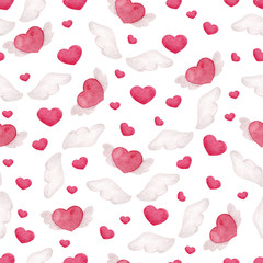 Seamless pattern for Valentines day, with heart, clouds and arrow, isolated on white background