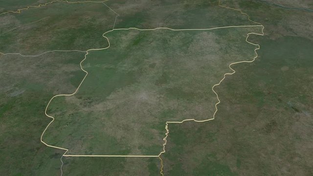 Borgou, department with its capital, zoomed and extruded on the satellite map of Benin in the conformal Stereographic projection. Animation 3D