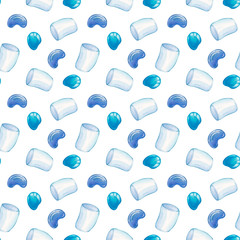 Watercolor pattern with marshmallows. Illustration of white marshmallows and blue sweets in cartoon style on a white background for paper, textile, packaging