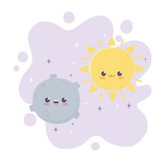 kawaii planet and sun space character cartoon