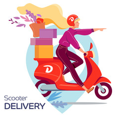 Fast scooter delivery. Young woman on a scooter delivers to order. Flat vector illustration © BANANALAND