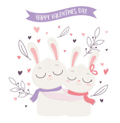 happy valentines day cute white couple rabbits ribbon card