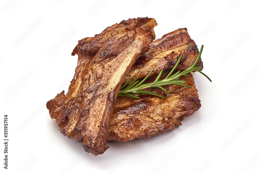 Wall mural Grilled pork ribs, roasted meat with rosemary, isolated on white background